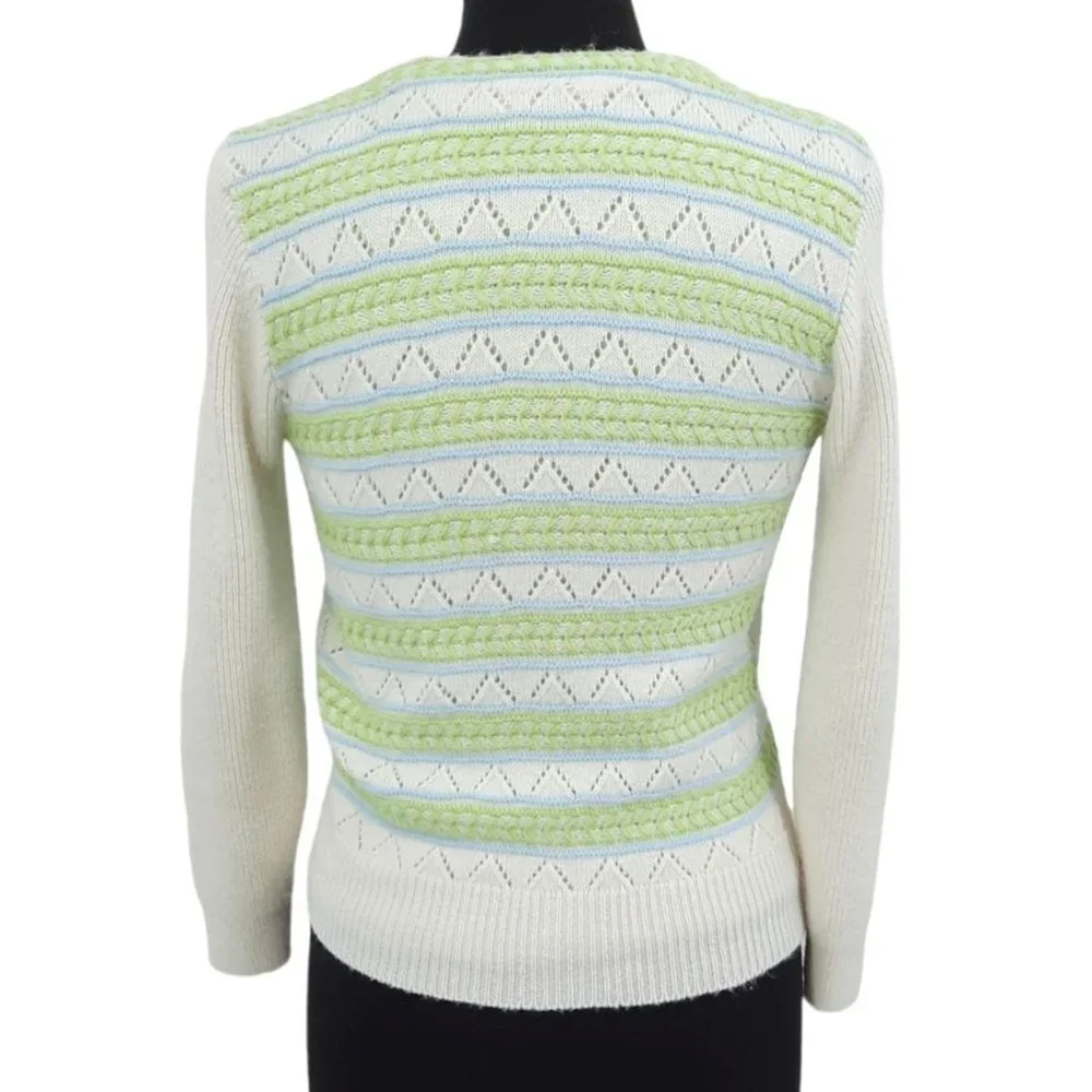 VTG 60s Wintuk Green Blue Stripe Sleeveless Knit Top Cardigan Twin Set Size S - Picture 4 of 9